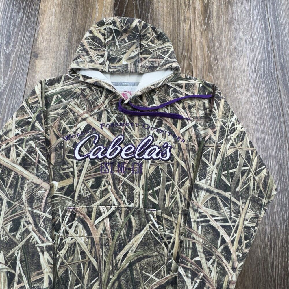Vintage Cabelas Hoodie Womens M Camo Sweatshirt Hunting Fishing Logo Y2K Sweater